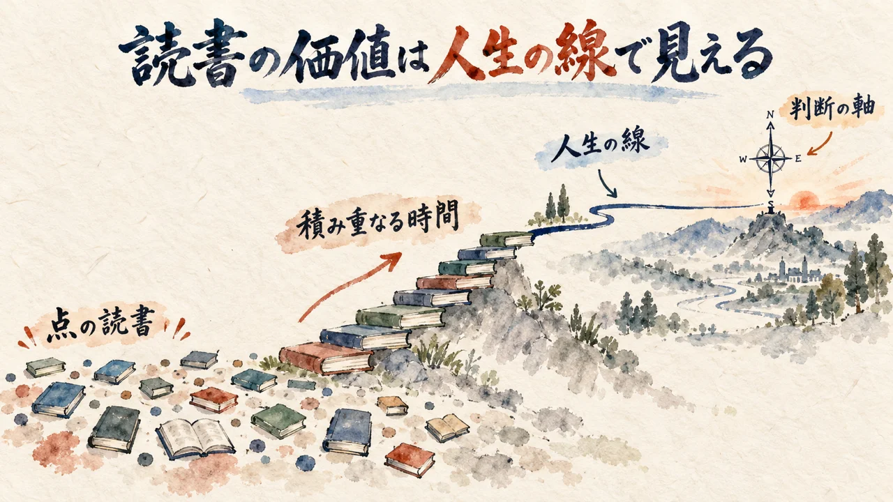読書の価値を点でなく人生を通じた線で見ることを表す図解