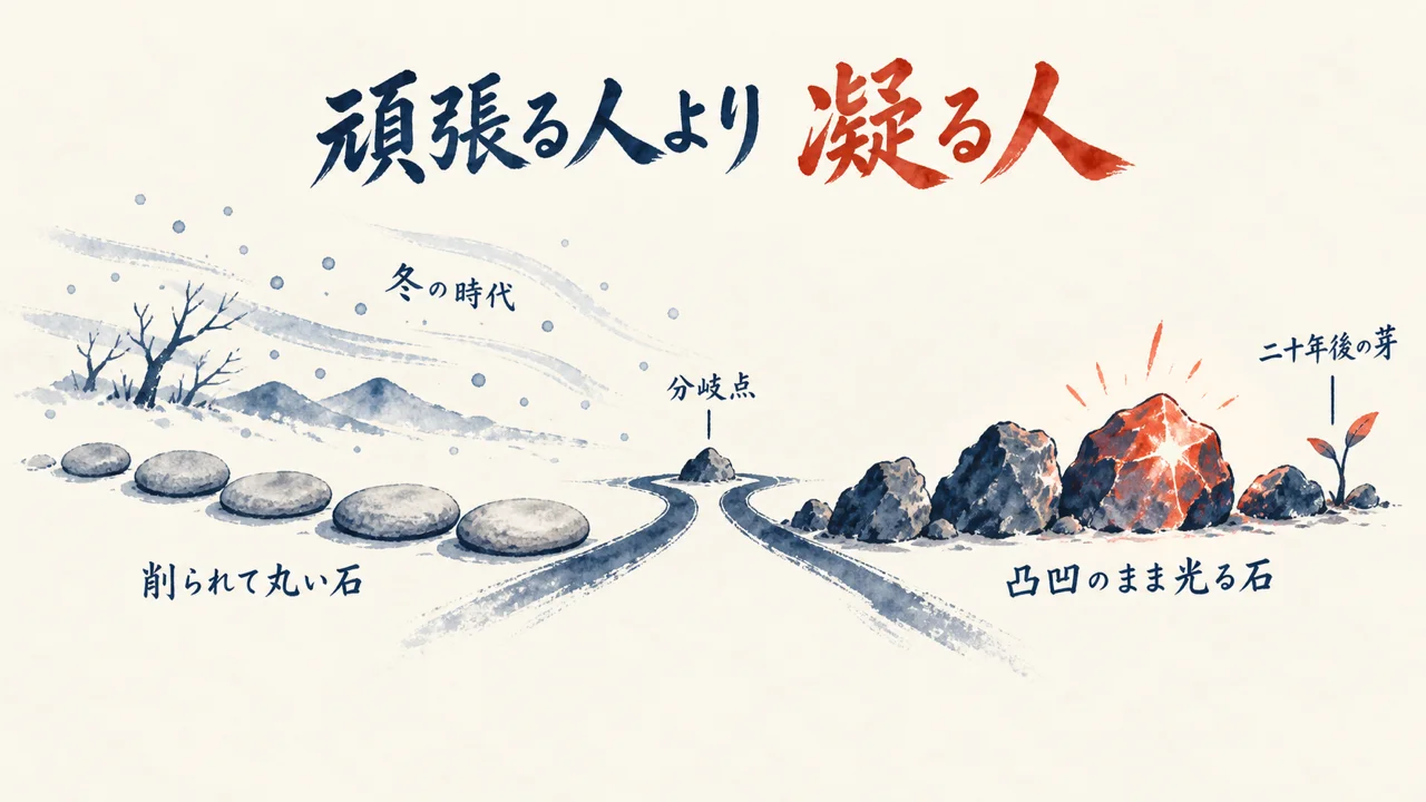 頑張って削られるより凸凹のまま夢中でいる強さを石の対比で表した図解