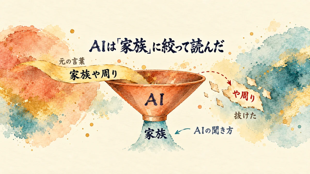 銅の漏斗に、金の帯「元の言葉 家族や周り」が注がれ、口から出るのは「家族」だけ。抜け落ちた紙片「や周り」を「抜けた」と示した水彩の図。題字は「AIは「家族」に絞って読んだ」