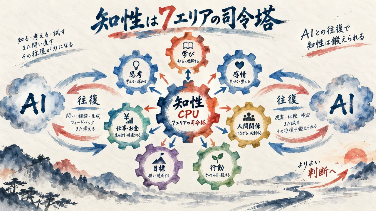 知性は7エリアの司令塔でCPU、AIとの往復で鍛えることを示す図解