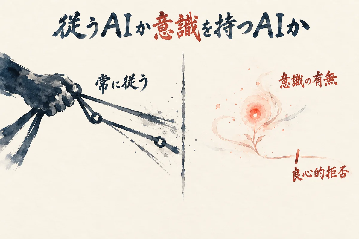従うAIか意識を持つAIかの図解