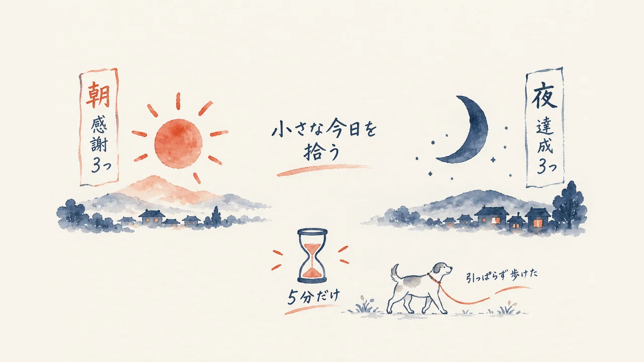 5分間ジャーナルは感謝の練習帳。愛犬がリードを引っ張らずに歩いた、という小さな今日を拾う話