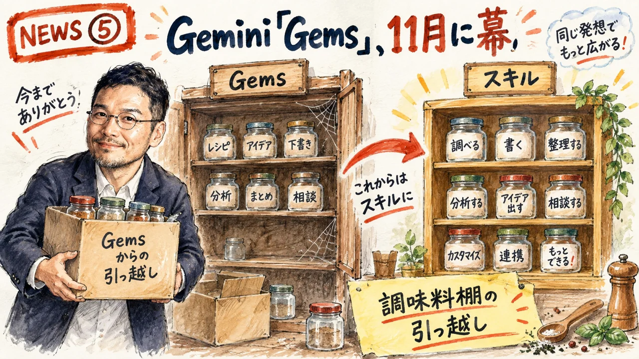 Gemini Gems廃止のニュースを解説するひろくんのグラレコ