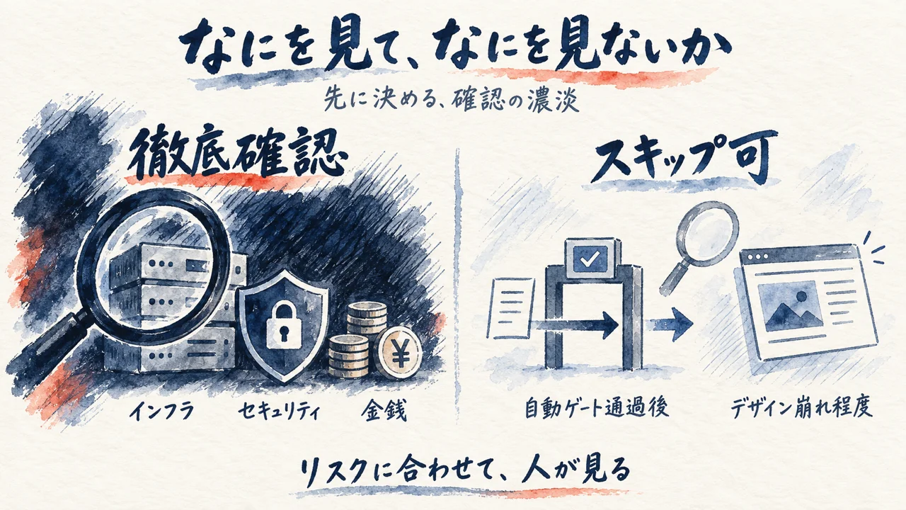 リスクの高さで人間レビューの濃淡をつける対比図解