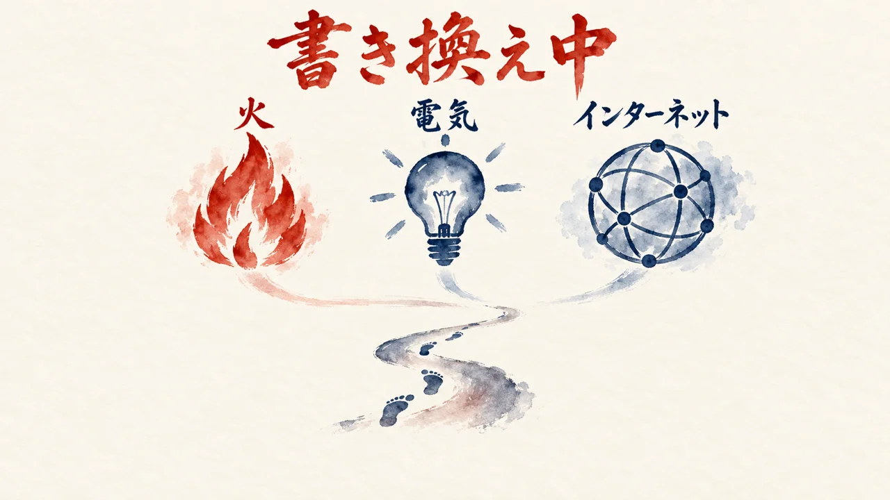 火・電気・インターネットに匹敵する技術と、途中の書き換えの道の図解