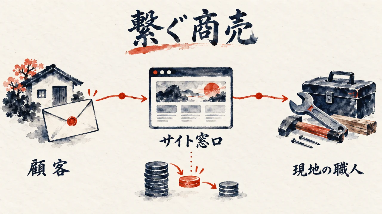 顧客とサイト窓口と現地の職人を繋ぐ商売の図解