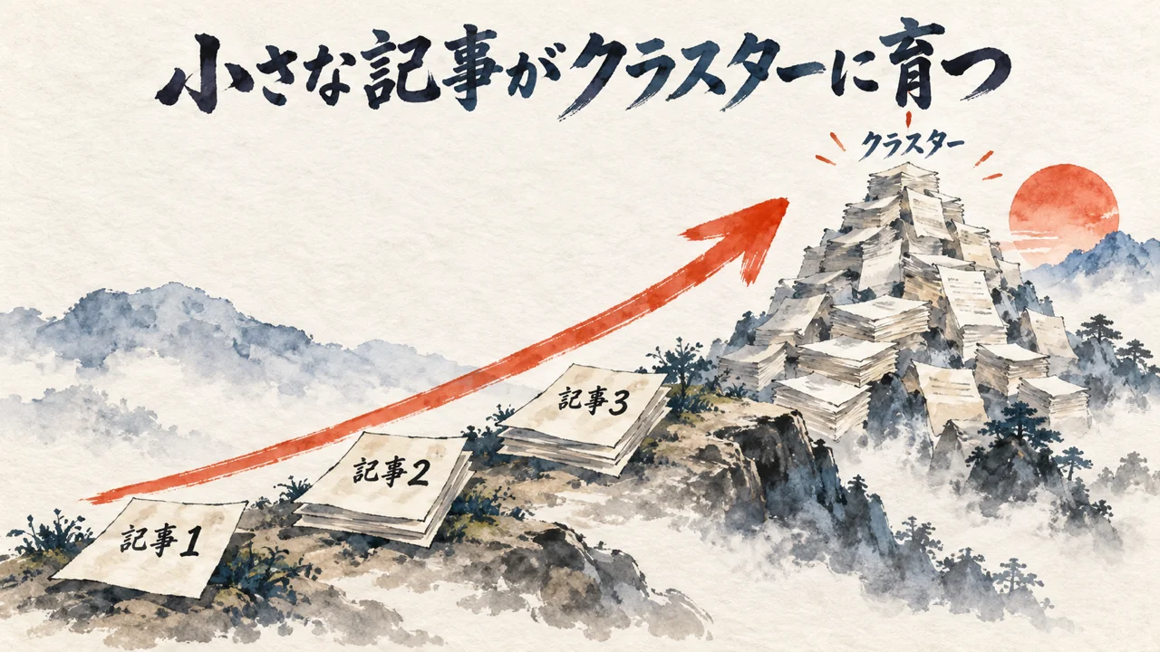 小さな記事の積み上げがクラスターに育つ様子の見出し画像
