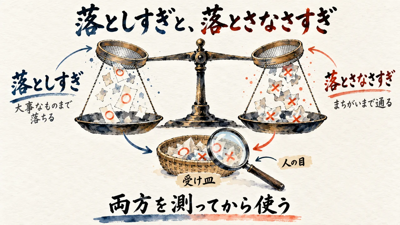 落とす判定が検索の外にも広がることを示した水彩イラスト