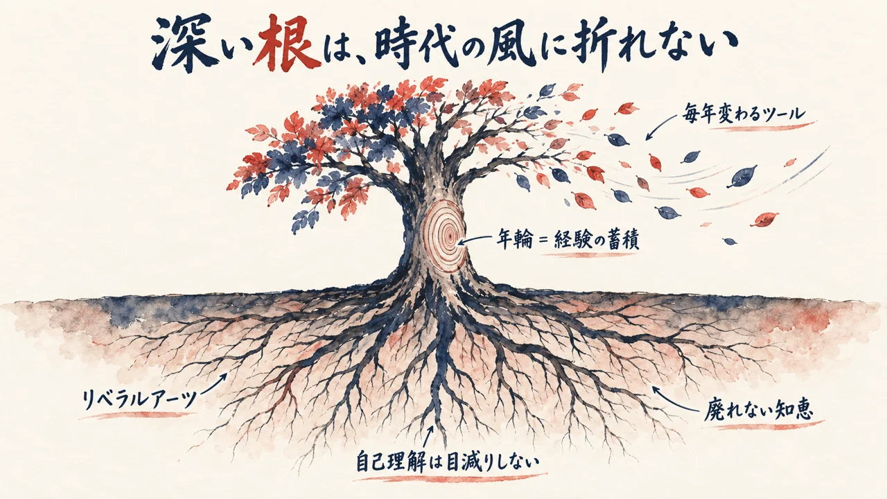 廃れない知恵への長期投資を根の深い木で表した図解