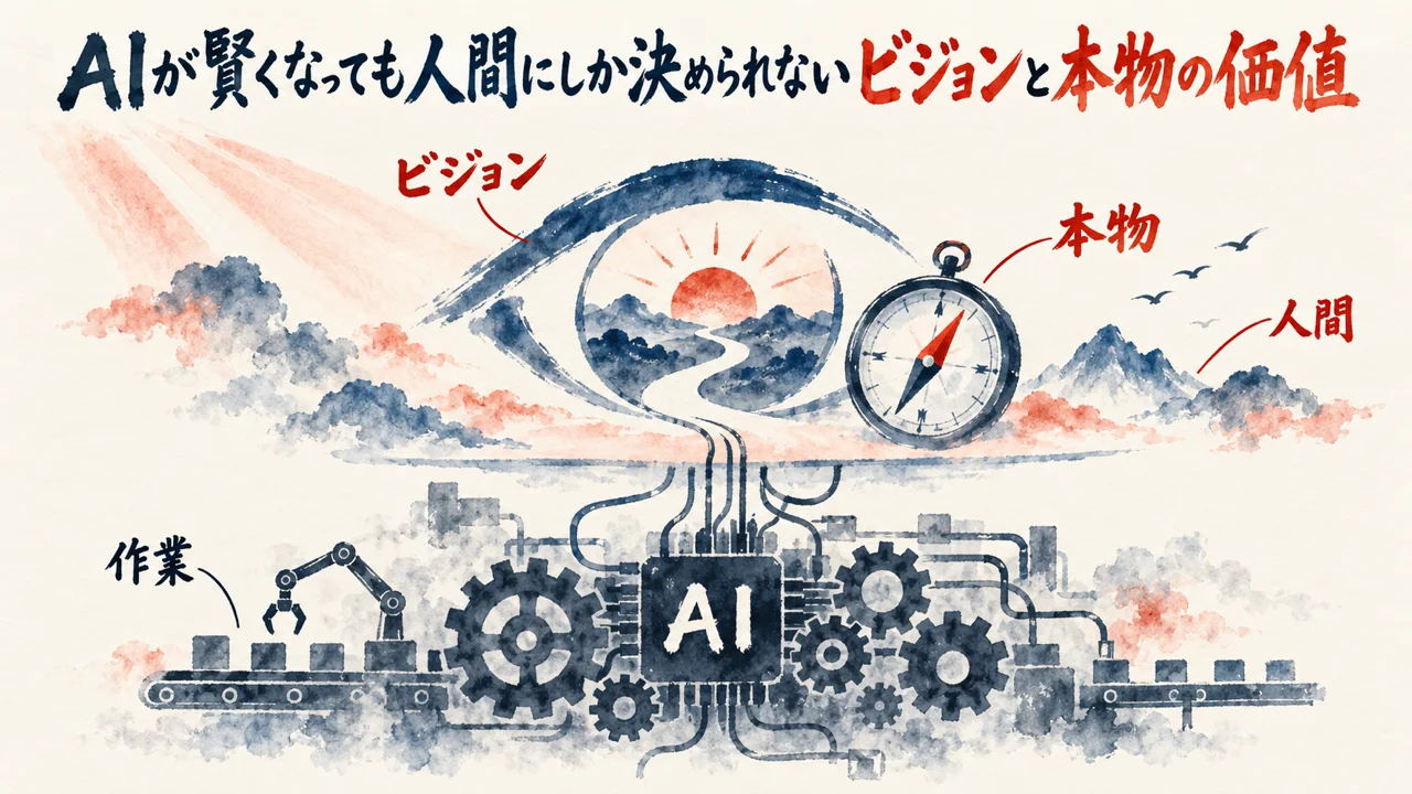 AIが賢くなっても人間にしか決められないビジョンと本物の価値を示す図解