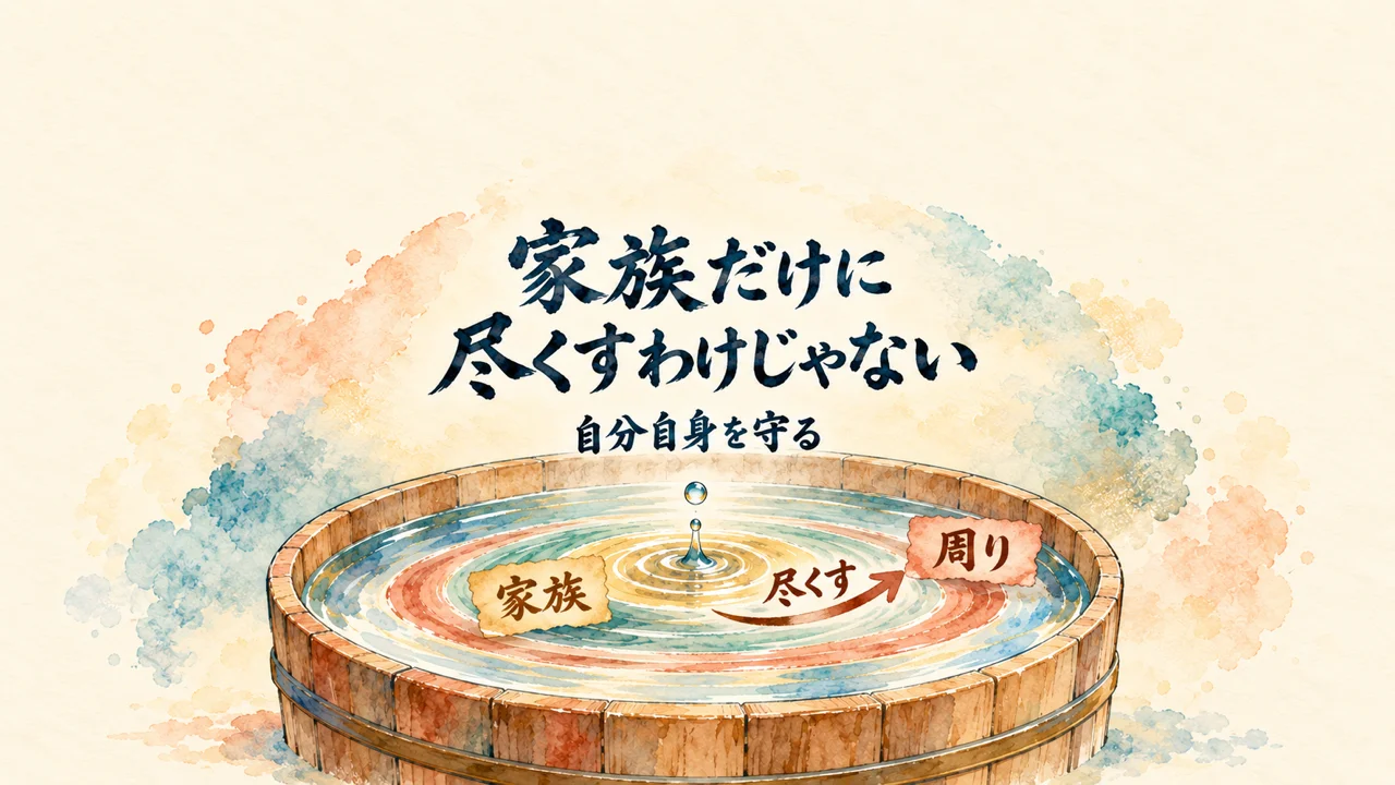丸い桶の水に水滴が落ち、三重の波紋が広がる水彩の図。波紋の上に付箋「家族」「周り」、水滴から外へ矢印「尽くす」。題字は「家族だけに尽くすわけじゃない」