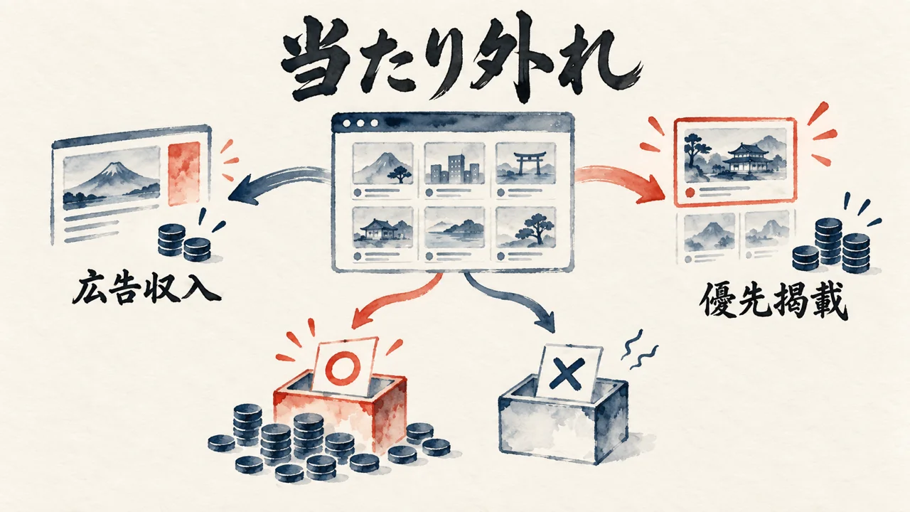 広告収入と優先掲載、当たり外れのディレクトリサイト収益の図解