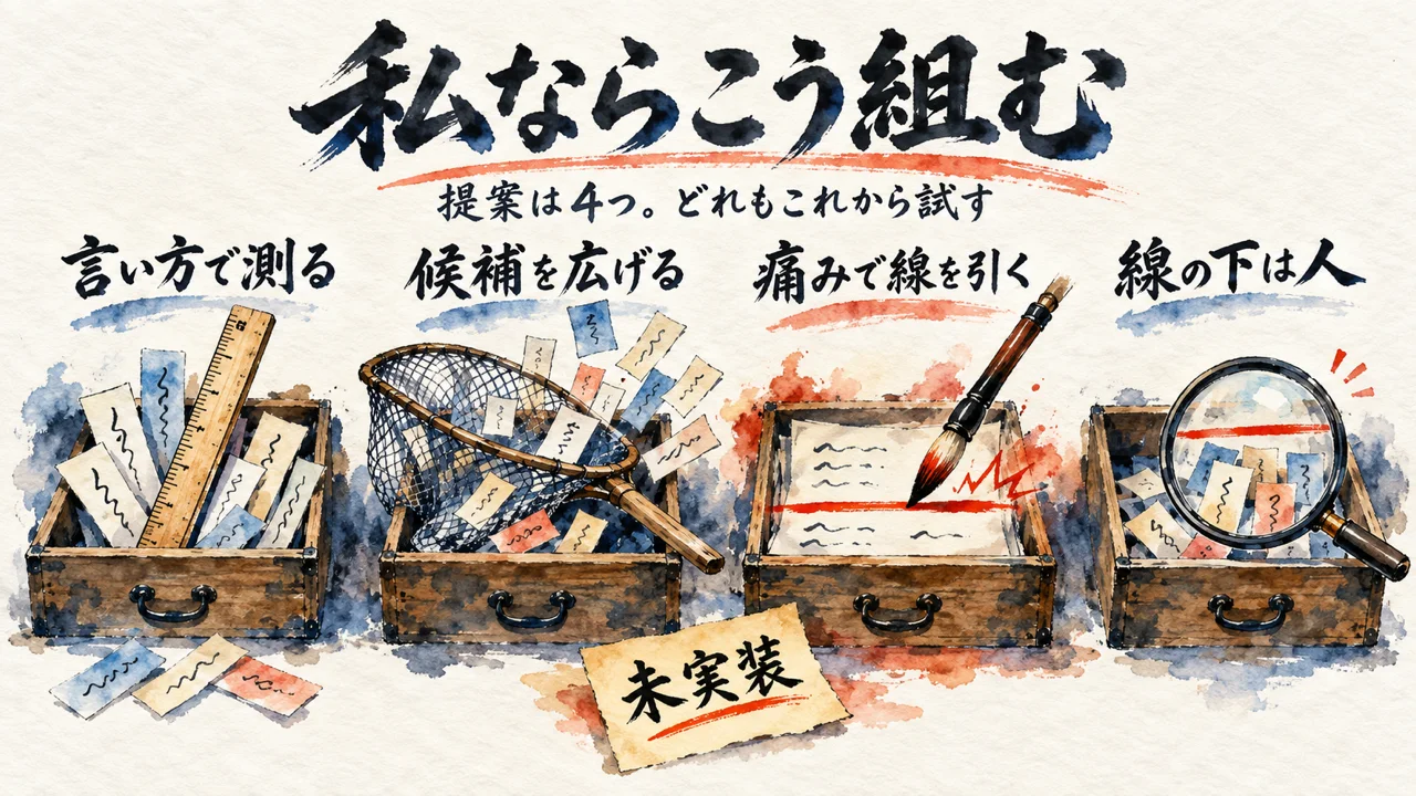 検索を組み直す提案を1つ試すことを示した水彩イラスト