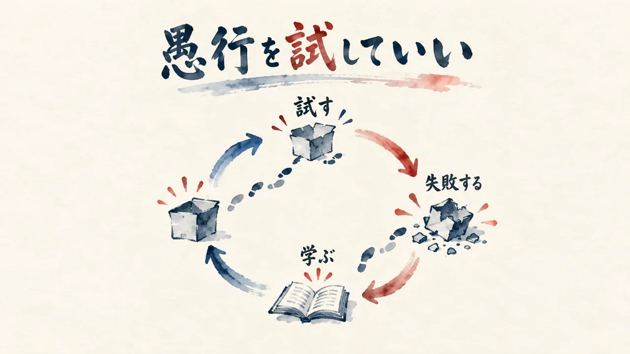 愚行を試して失敗し学ぶ循環を示す図解
