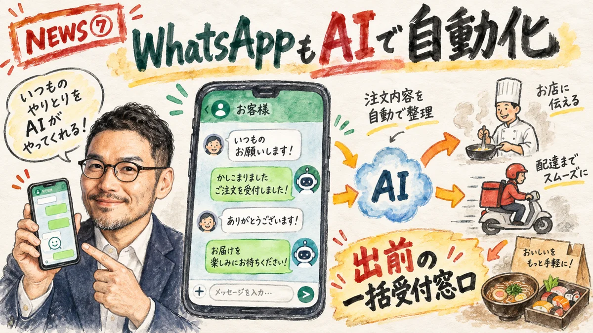 WhatsApp Business Tools MCPをひろくんが解説するグラフィックレコーディング風イラスト