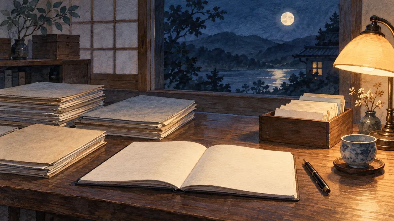 生の問答と一次資料を丁寧に残す机を描いた水彩画