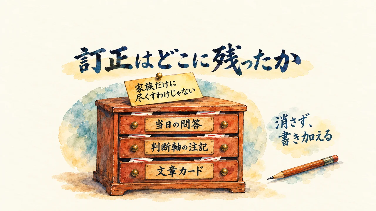 三段の引き出し箪笥。木札は「当日の問答」「判断軸の注記」「文章カード」。天板の付箋は「家族だけに尽くすわけじゃない」。右の鉛筆のそばに「消さず、書き加える」。題字は「訂正はどこに残ったか」