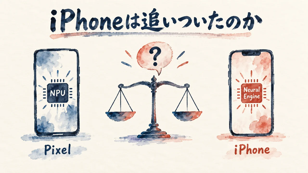 PixelのNPUと新型iPhoneのNeural Engineを比べる天秤の図解
