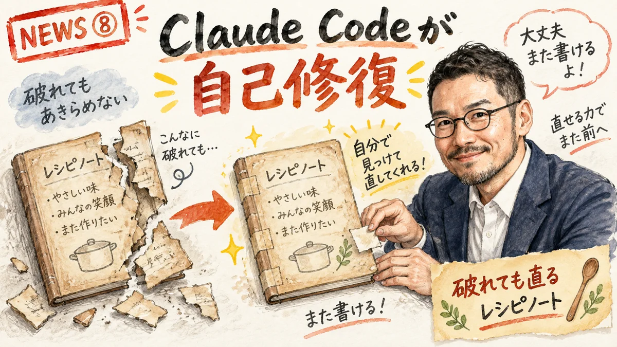 Claude Code v2.1.274の自己修復をひろくんが解説するグラフィックレコーディング風イラスト