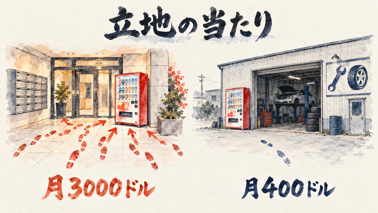 立地によって自動販売機の売上が分かれる当たりの図解