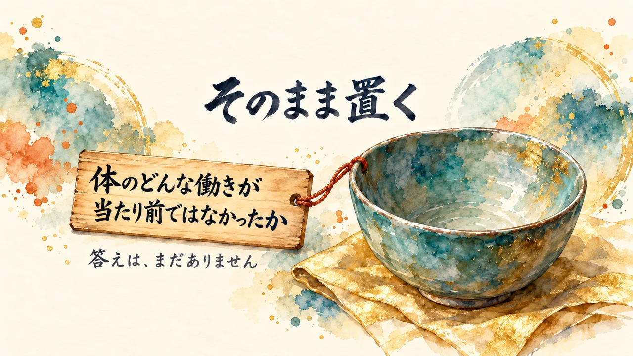 何も入っていない空の茶碗と、紐で下がる木札「体のどんな働きが当たり前ではなかったか」。注釈は「答えは、まだありません」。題字は「そのまま置く」