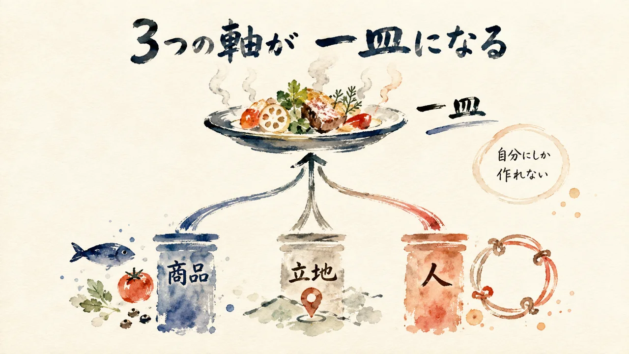 商品・立地・人の3軸が一皿にまとまる図解