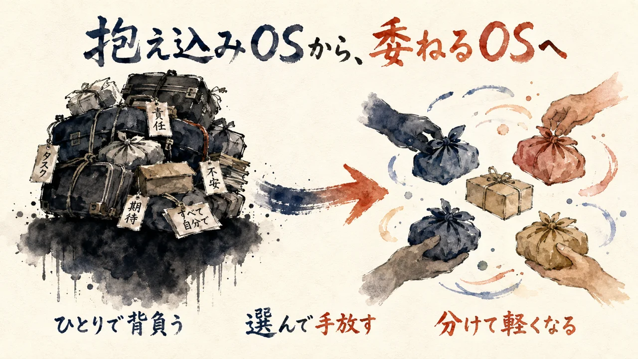 重い荷物を一人で背負う影から、荷物を分け合う手へ変わる抱え込みOSの図解