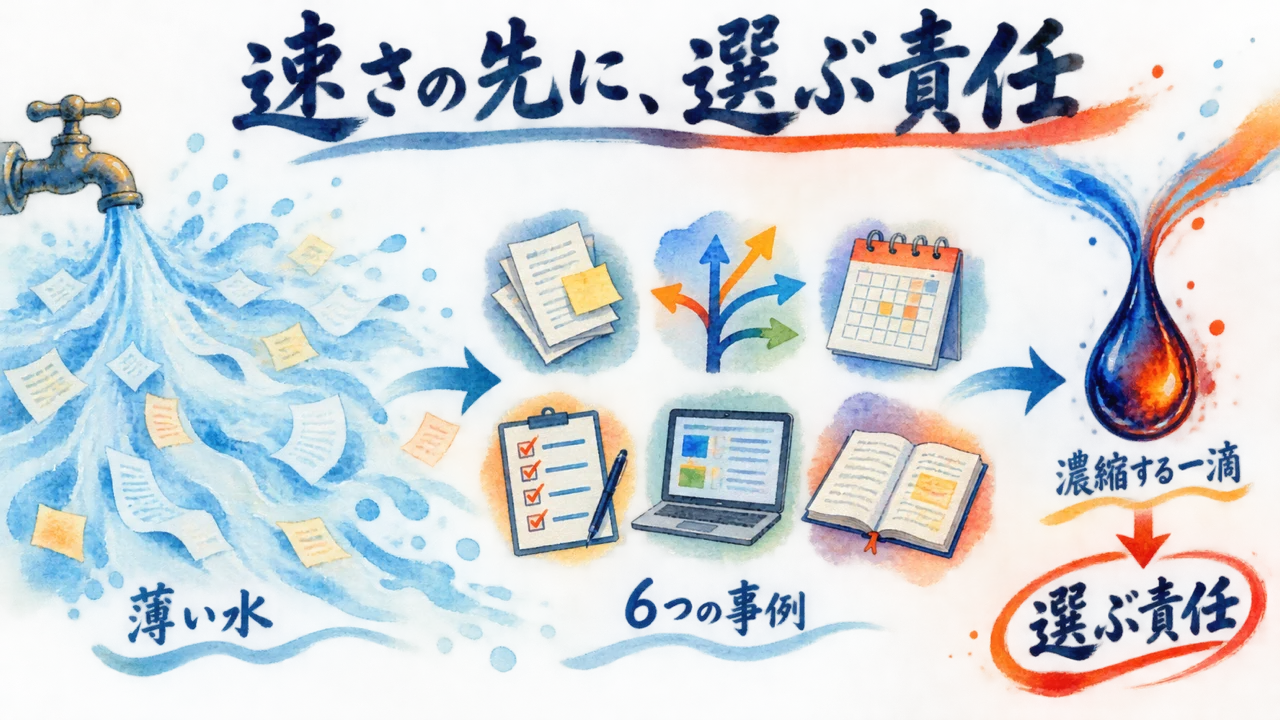 6つの事例という薄く広がる水が、選ぶ責任という濃い一滴に変わる図解