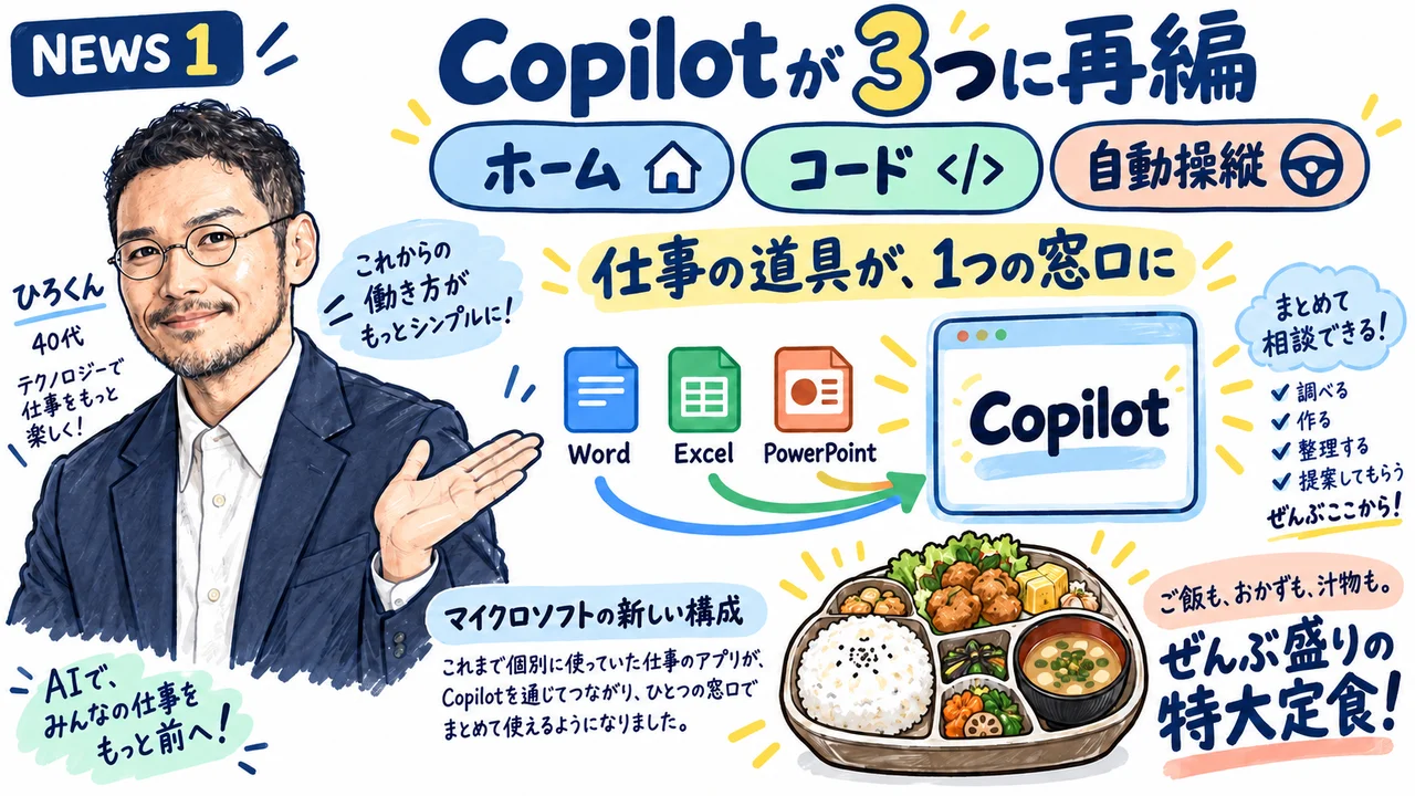 Copilotが「Home・Code・Autopilot」に再編、Word・Excel・PowerPointも統合イメージ図解