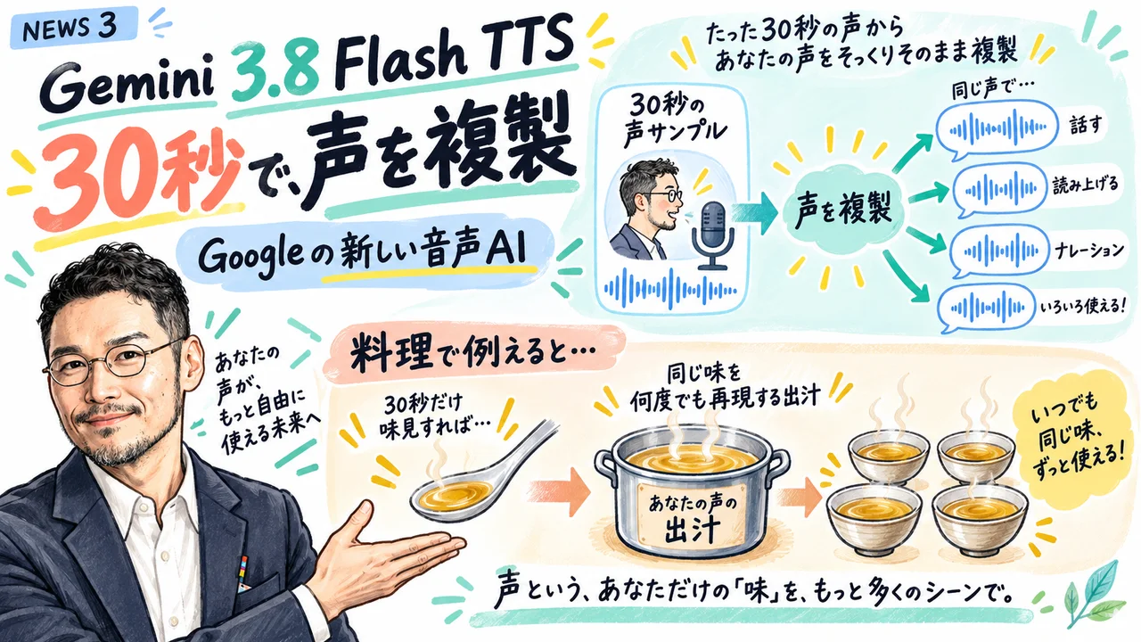 Gemini 3.8 Flash TTSで30秒で声を複製できるイメージ図解