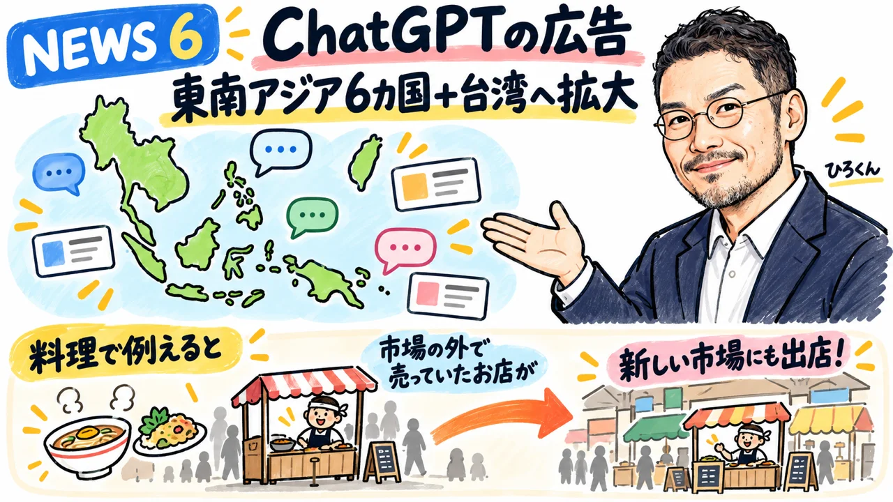 ChatGPT Adsが東南アジア6カ国＋台湾へ拡大するイメージ図解