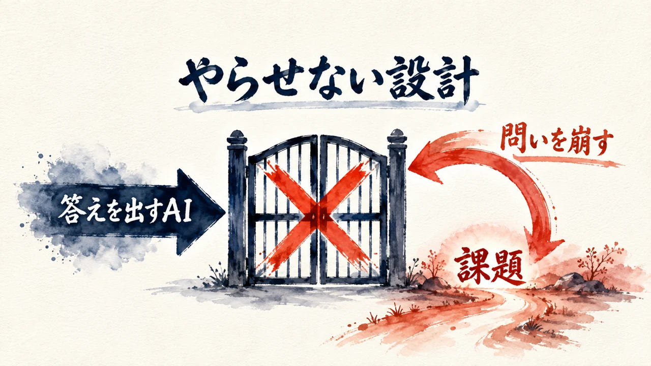 やらせない設計｜即答の門を閉じて課題へ戻す図解