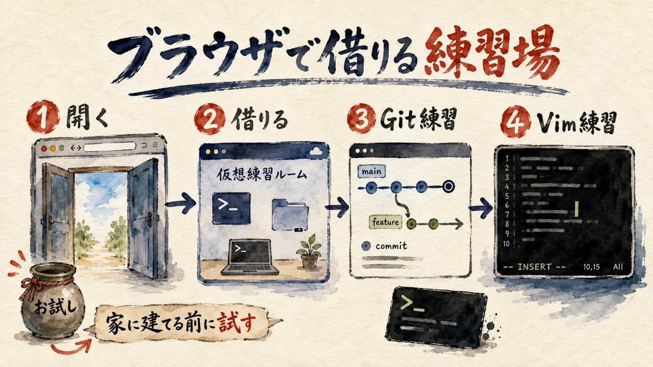 ブラウザで借りる練習場の図解