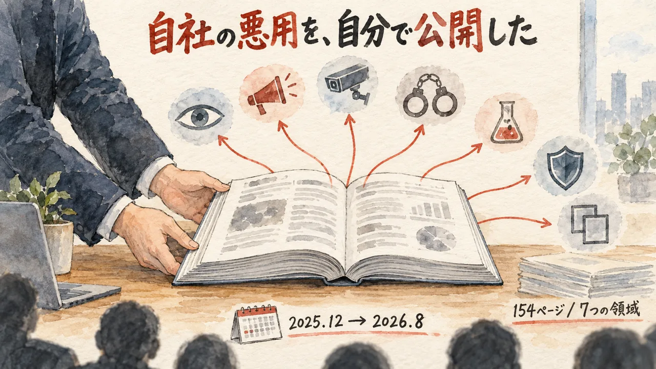 分厚い報告書から7本の矢印が伸び、7つの被害領域を示す水彩イラスト