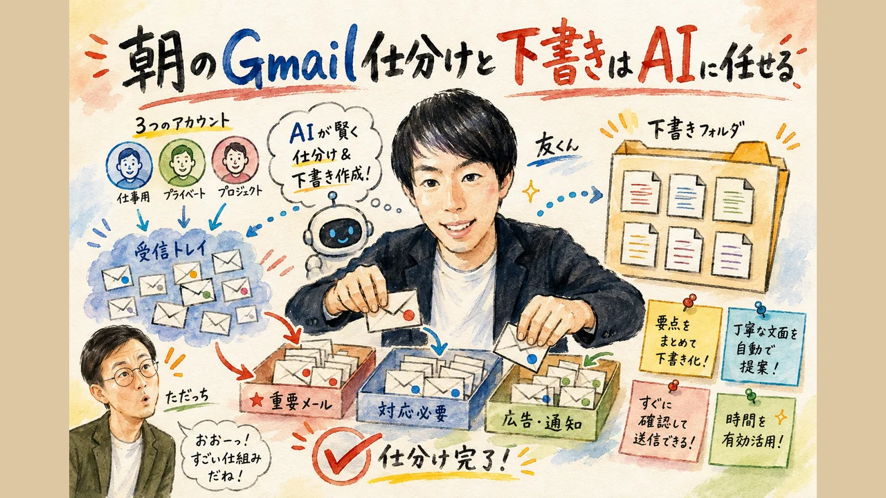 Gmailの仕分けと下書きをAIに毎朝やらせておく流れの図解