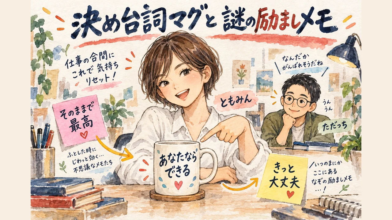 ChatGPT画像生成のあるある1：決め台詞入りマグカップと謎の励ましメモが出がち 図解