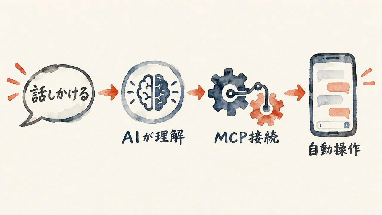 話しかけるだけでAIが理解しMCP接続で自動操作する流れを示す図解