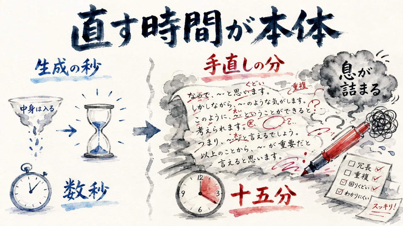 生成の秒と手直しの分を分ける対比図