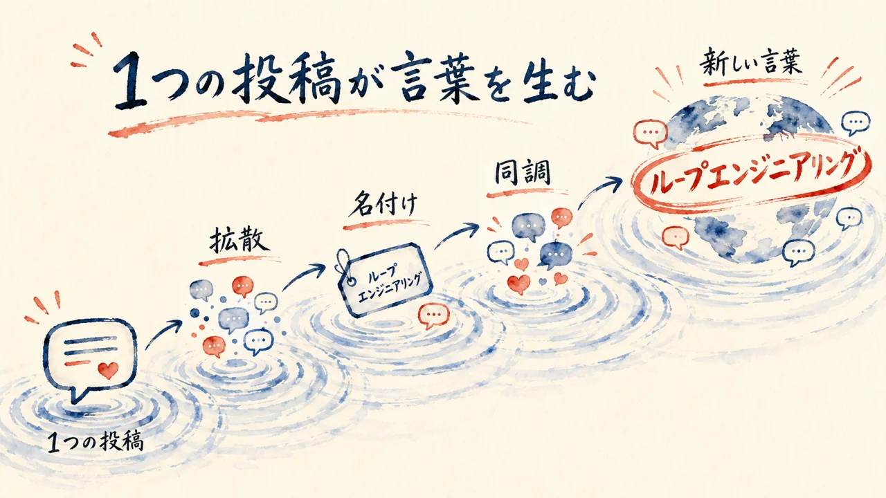 1つの投稿から拡散していったループエンジニアリングという言葉の広がりを表す図解