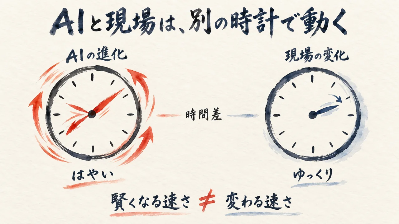 AIと現場は別の時計で動くことを示す2つの時計の図解