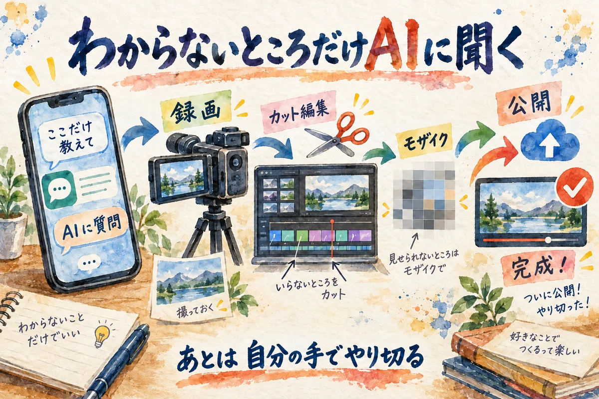 小学生の息子さんがAIに質問しながら録画から公開までを自分の手でやり切る様子を描いたグラレコ