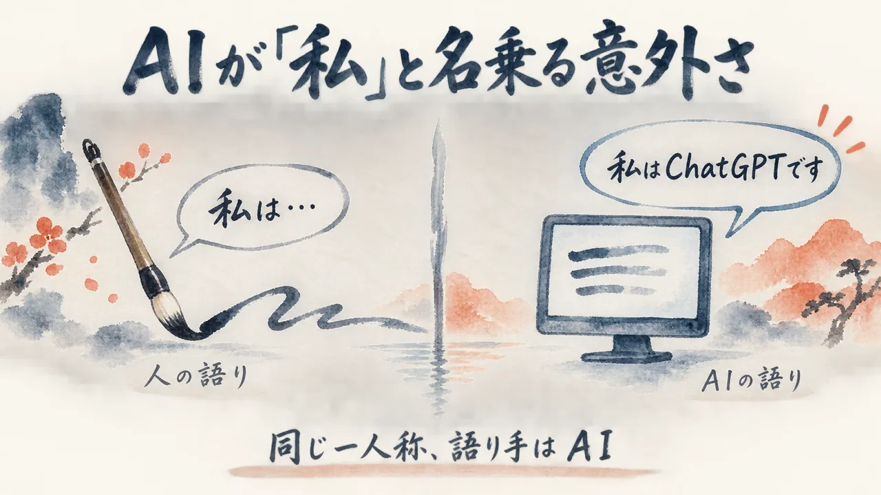 AIが「私」と名乗ることの意外性を人とAIの対比で示す図