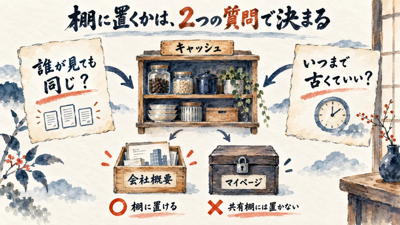管理画面でHTMLキャッシュの設定を開き、まず1ページだけ「誰にでも同じ画面か」を確認する。
