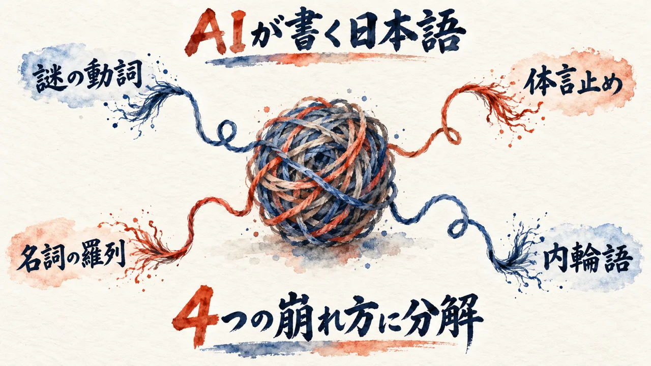 AIが書く日本語の4つの崩れ方（謎の動詞・体言止め・名詞の羅列・内輪語）を分解した図解