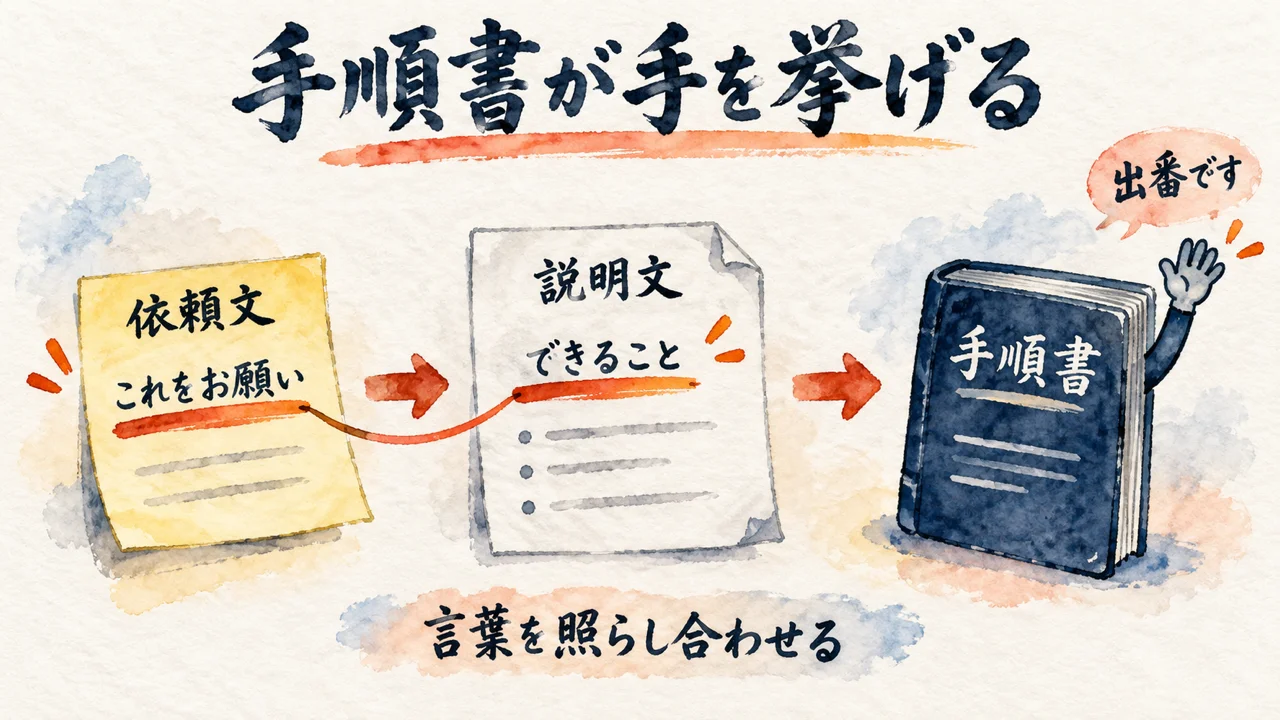 依頼文と説明文を照らし合わせると手順書が手を挙げる流れの図解