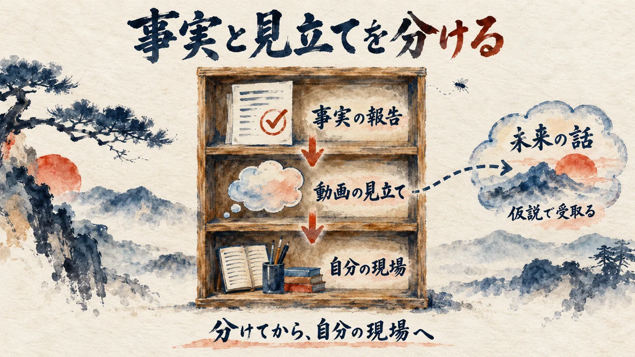 動画の話を事実・見立て・自分の現場に仕分けて仮説として受け取る三段の図解