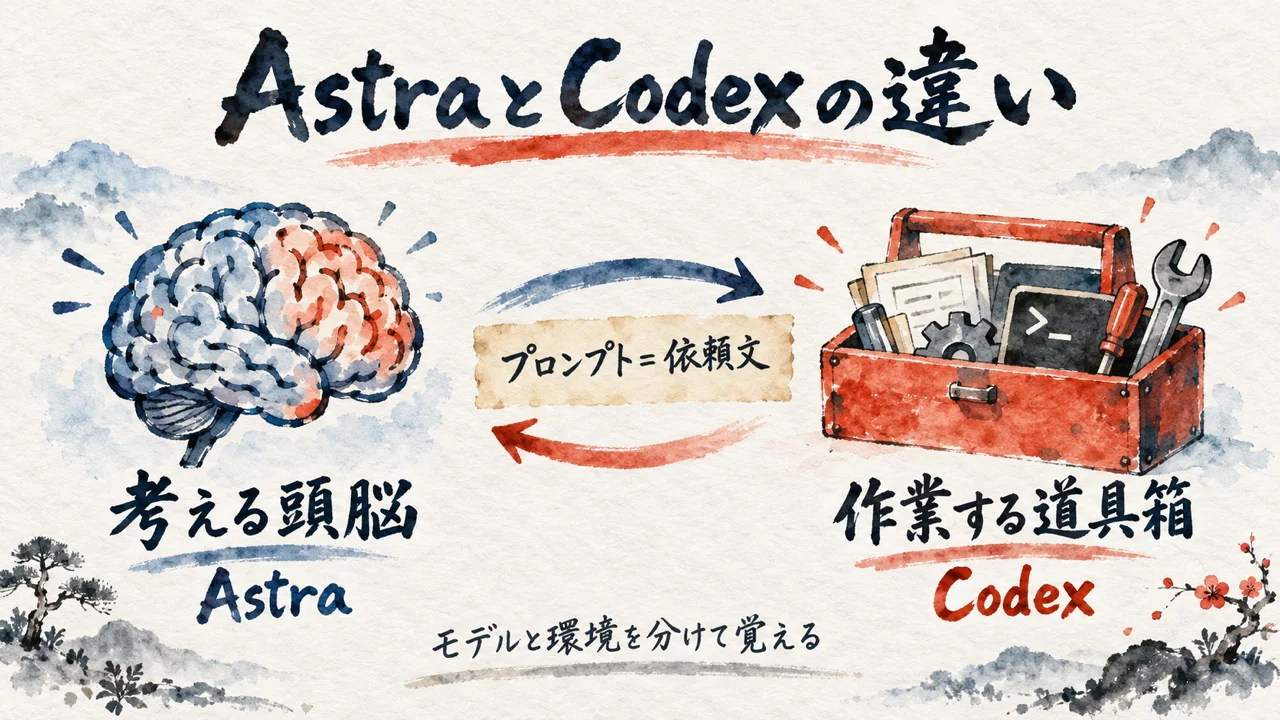 AstraとCodexの違いを示す図解。考える頭脳Astraと作業する道具箱Codex