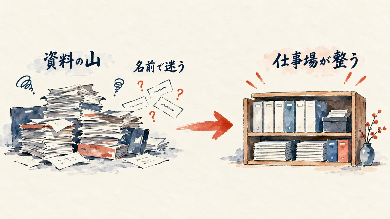 資料の山と名前で迷うフォルダが整理された仕事場に変わる対比図解