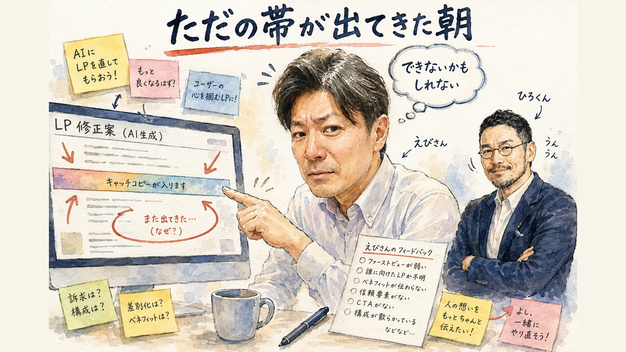AIにLPを直させたら「ただの帯」が出てきた朝の様子のグラフィックレコーディング