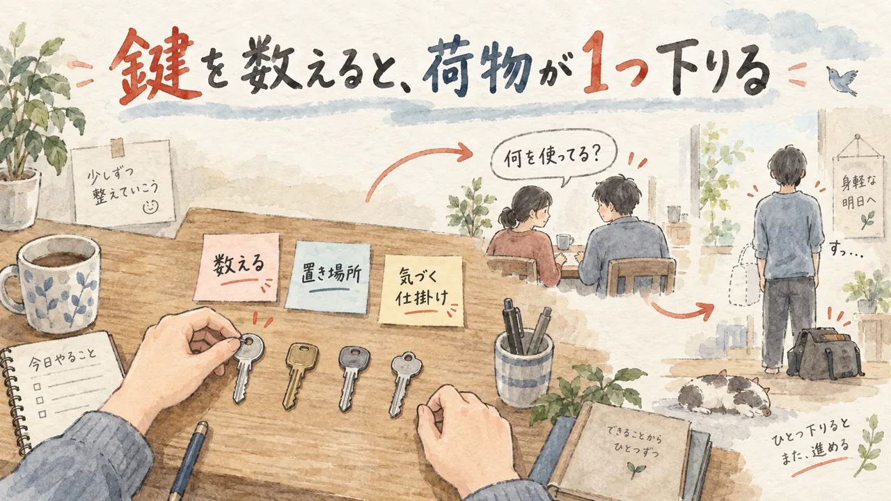 机の上で鍵を1本ずつ数える手元と、肩の荷物が1つ下りた後ろ姿の水彩イラスト